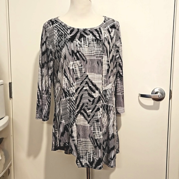 VENINI Black and white abstract static print 3/4 length sleeves XL tunic EUC - Picture 2 of 8